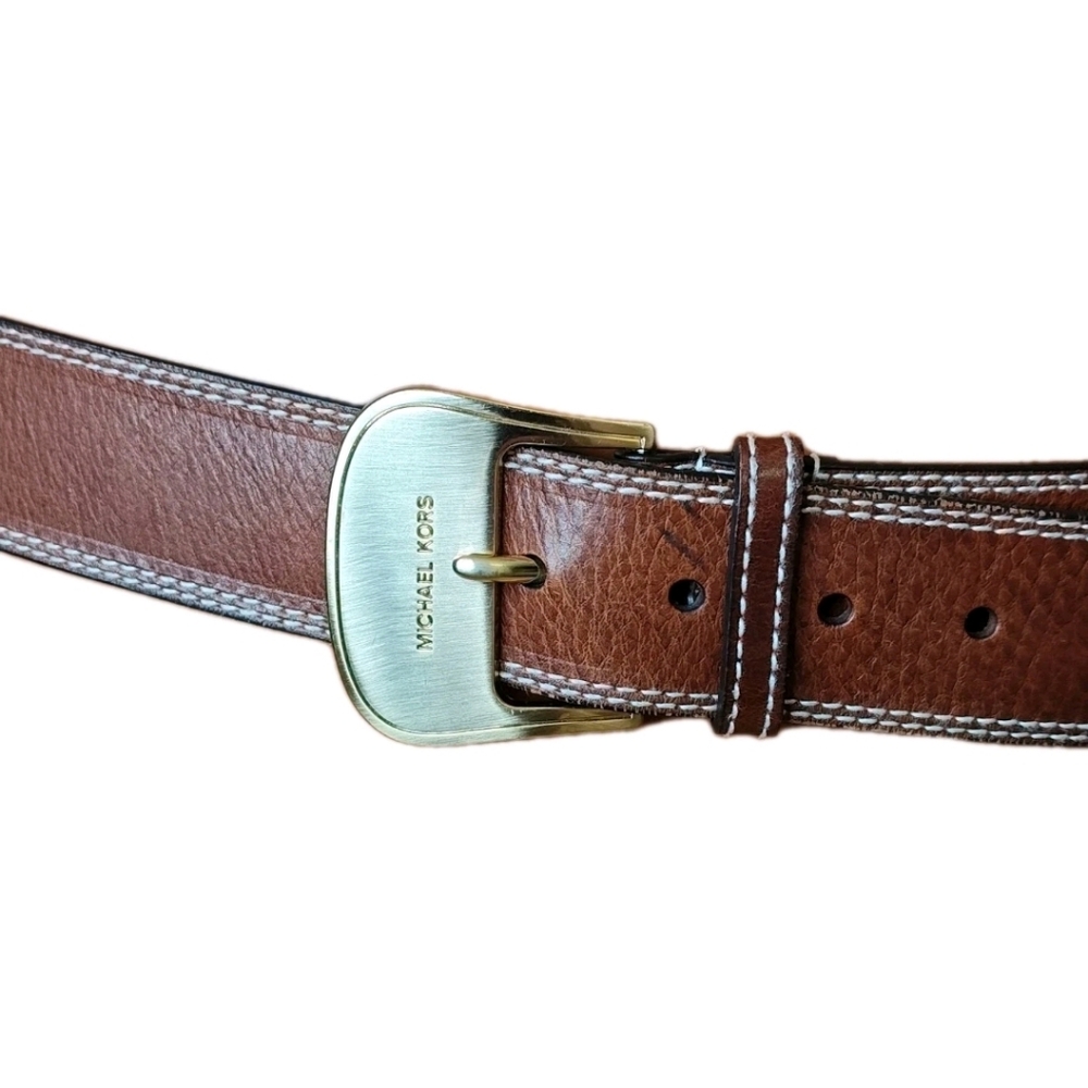 Michael Kors Brown Leather Belt Woman Med 31-34 Gold Buckle Preppy Western Boho - Picture 3 of 13
